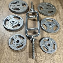 Beautiful Triceps Bar; Standard With Three Grip Cast Iron Weight Plates: 25s, 10s And 5s. Total Of 95 lbs.