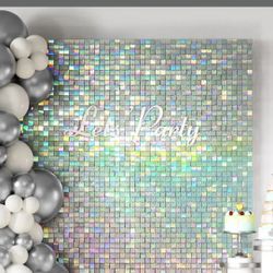 COKAOBE Iridescent Silver Shimmer Wall Backdrop, 24 Panels Square Sequin Shimmer Backdrop, Photo Backdrops for Birthday, Anniversary, Wedding, Graduat