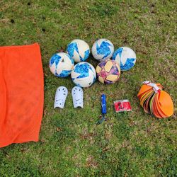 Soccer Equipment. Balls, Bag, Cones, Pump, Shin Guards, Cpt Armband
