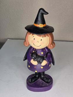 Halloween Witch Girl Figurine with Black Cat Purple Dress Star Decor 12 Inch