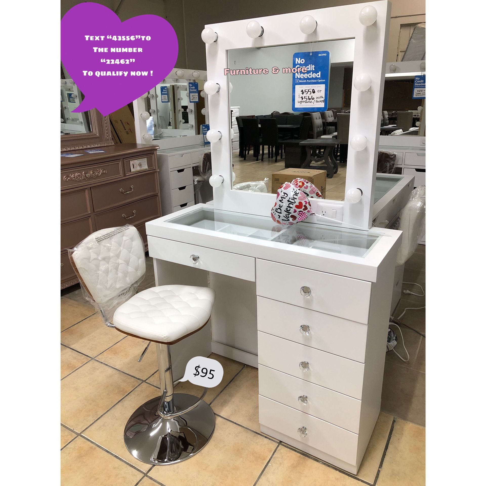 Brand New Vanity 😍👍🏻 Lightbulbs & Chair Sold Separate !! Qualify To Buy Now & Pay Later No credit Needed ☎️
