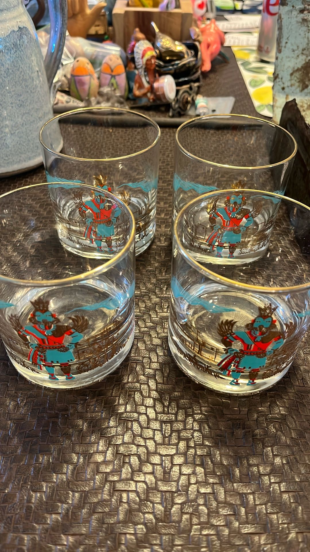 Vintage Couroc Hopi Kachina Lowball Drink Rocks Glasses MCM Cocktail Tumbler