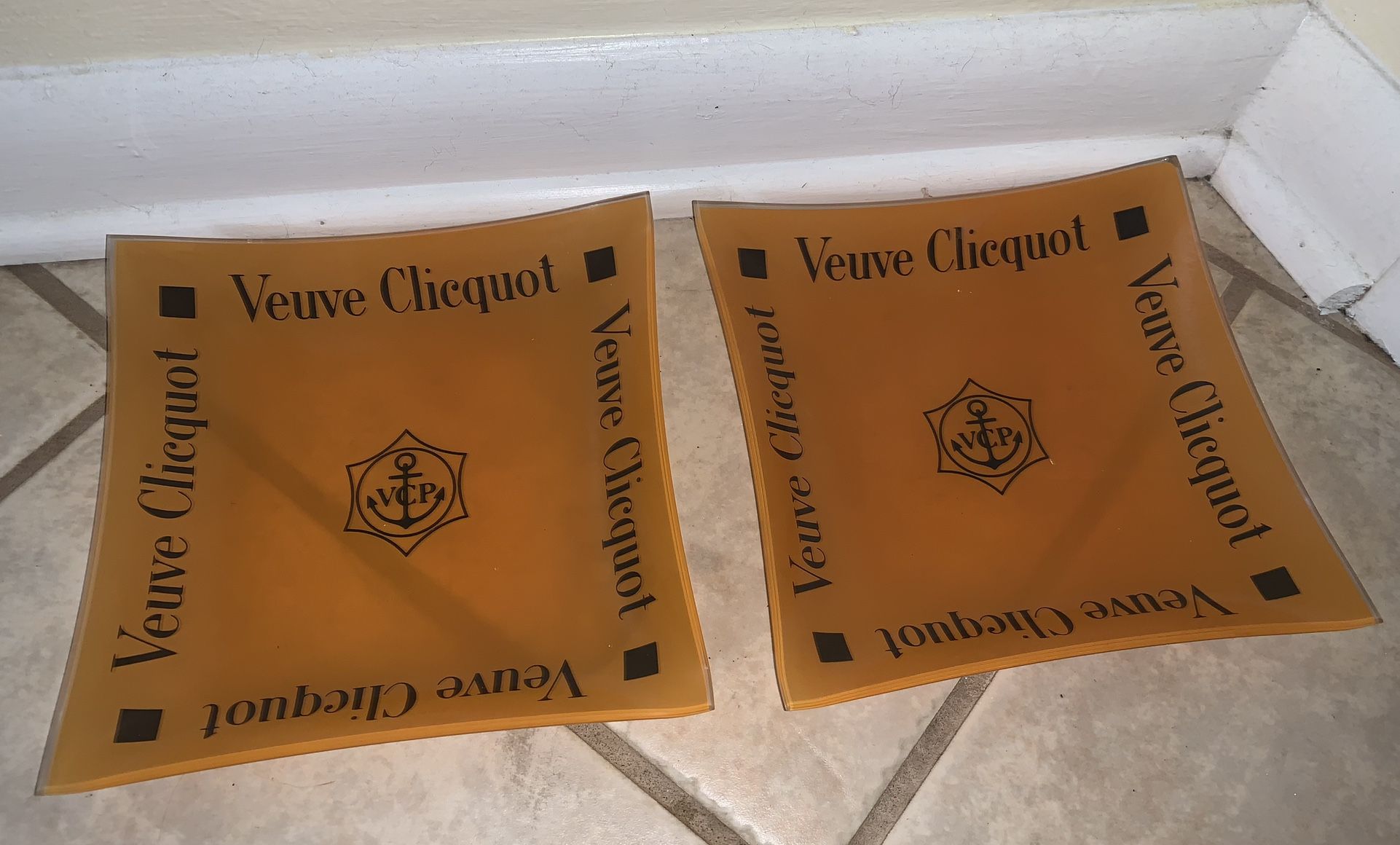 Pair of Rare French Vevue Clicqout Glass Ashtrays 8” X 8”