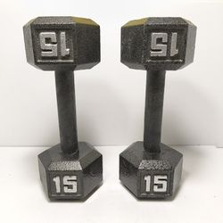 PAIR of 15 LB HEX DUMBBELLS CAST IRON UNBRANDED Gray
