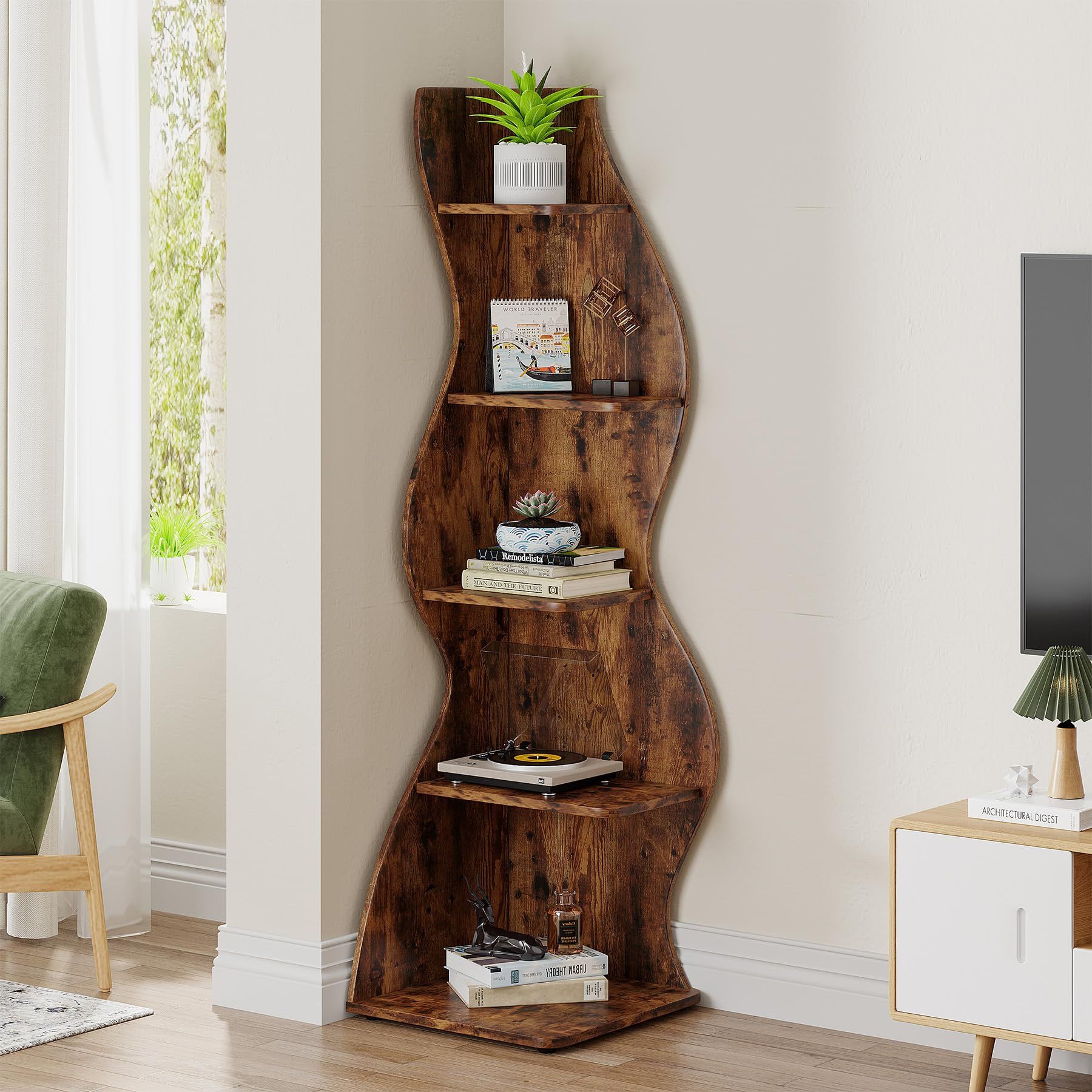 Corner Shelf, Rustic 5-Tier Wall Corner Bookshelf, Stylish Corner Small Bookcase Storage Rack Plant Stand with Unique Shape for Living Room, Home Offi