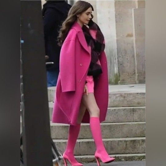 Emily in Paris Lily Collins Pink Wool Coat