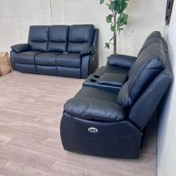 Fast Delivery Available — Like New Llanas 2 Piece Pillow Top Arm Genuine Leather Recliner Loveseat + Sofa, Cup Holders