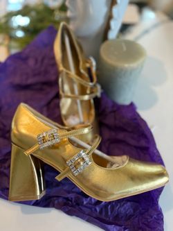 Gold Mary Jane Block Heel Pumps