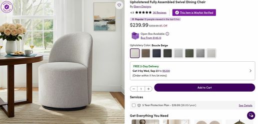 Upholstered Fully Assembled Swivel Dining Chairs set of 2