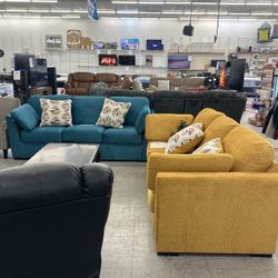 Ashley sofa set, blue and yellow