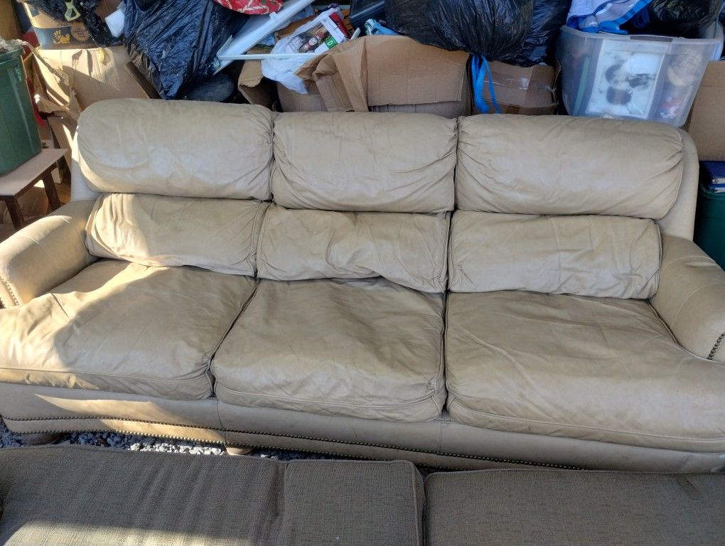 Long 3 Seat Tan Leather Couch 