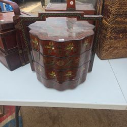 Chinese red lacquered wedding dowry or food stacking box/basket. 