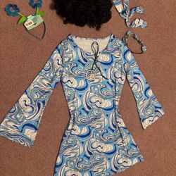 New Large Blue Hippy Hippie Dress Costume Accessories 60s 70s Outfit 