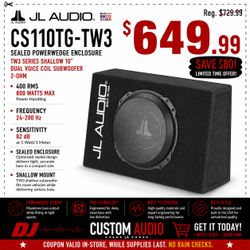 JL Audio CS110TG-TW3 Shallow 10" Dual Voice Coil Subwoofer 800 Watts TW3 Series 12TW3 🚨 Payment Options Available 🚨 No Credit Needed 🚨