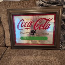 DVINTAGE 50'S Coca Cola Mirror Sign "5c AT THE FOUNTAIN"  WOOD FRAME 20.5”x16.5” 