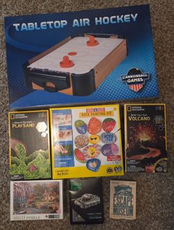 7 Summer kids activities bundle 
All New ! 
Table air hockey,  N.G Glow in the dark play sand , N.G build your own volcano,  Rock painting,  Mini puzz