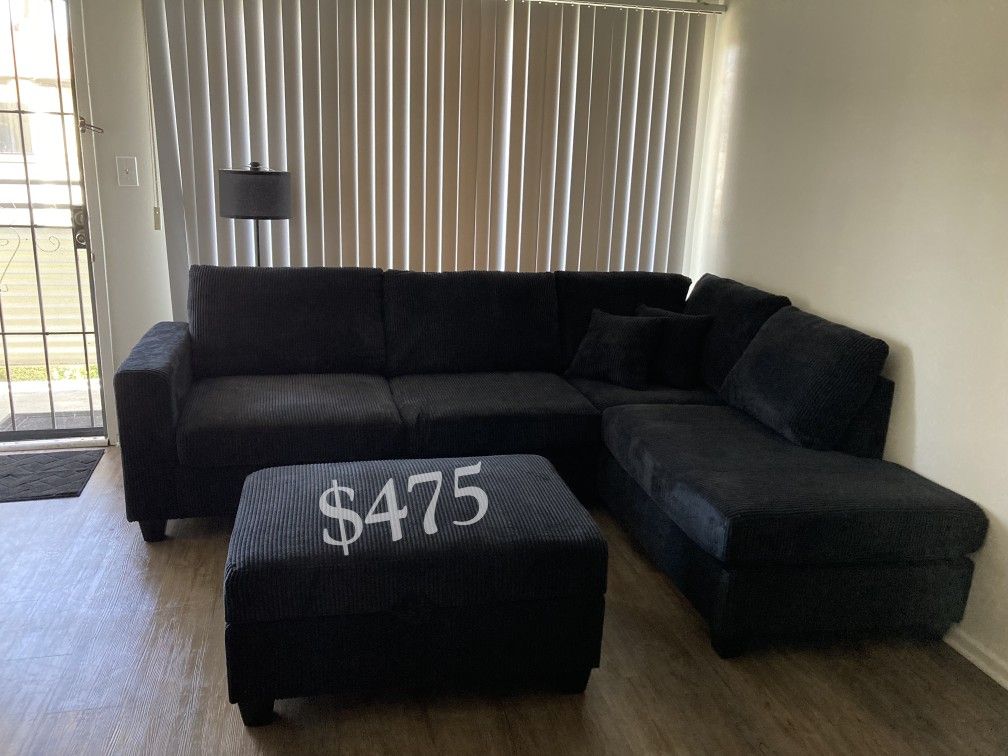 Stylish!!!!3-Pc Black Corduroy Sectional Sofa With Storage Ottoman & USB Port Brand New