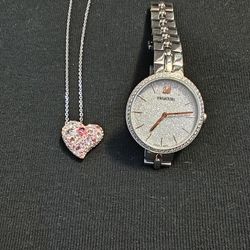 Swarovski pink crystal Alana heart pendant -necklace. with Swarovski watch