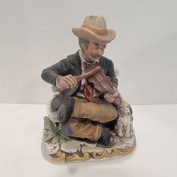 Collectible Vintage Old Man Hobo Playing Violin Fiddle with Dog Figurine