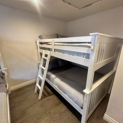 2 Full-over-Full Bunk Bed Sets (White) + Mattresses + Bedding – Must Take Both
