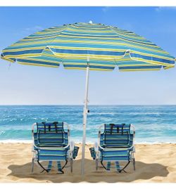 Brand new beach set still in boxes: 2 striped backpack lay-flat beach chairs + 6.5ft tilt beach umbrella with sand anchor. Full retail over $160, sell