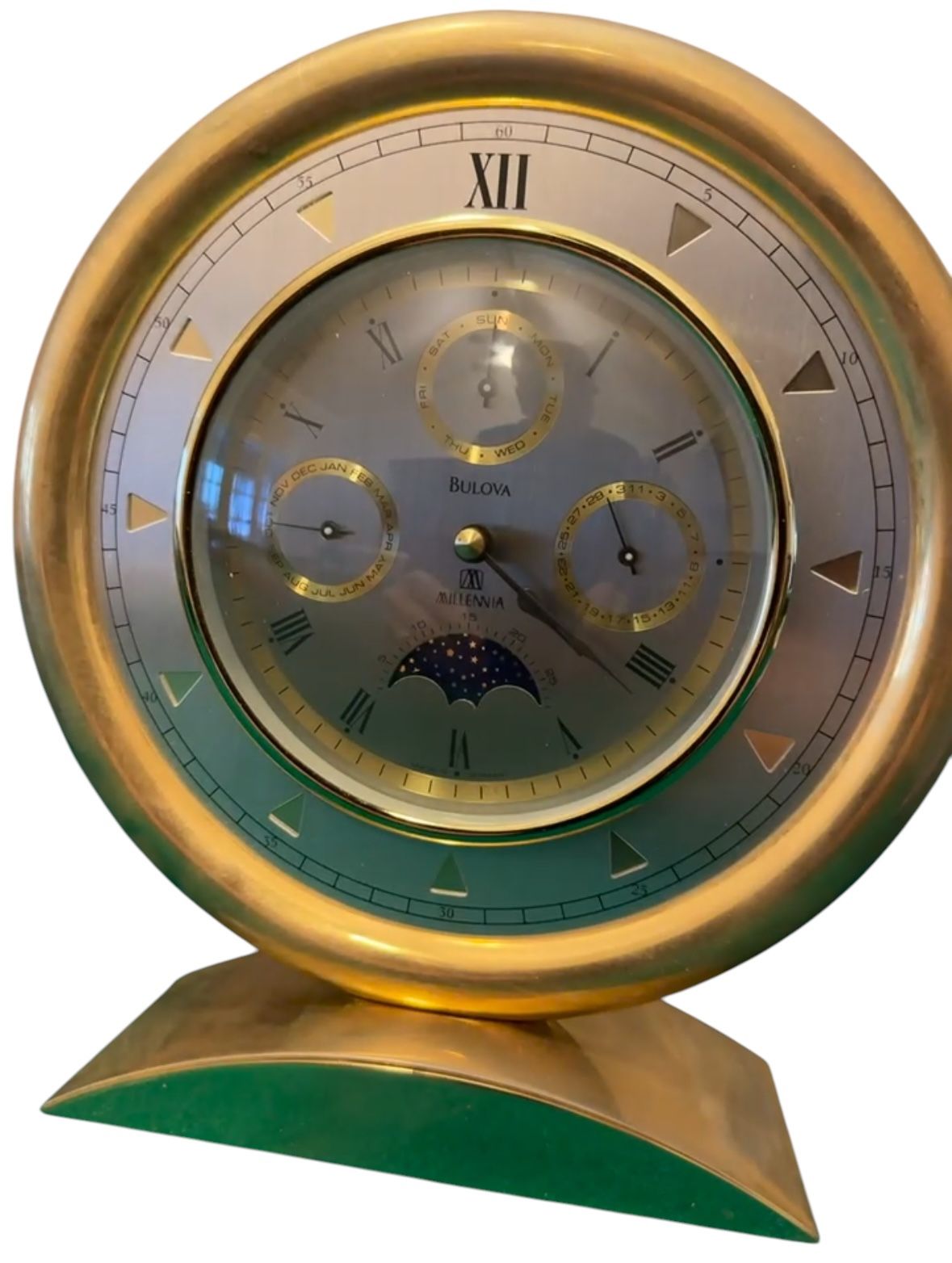 Vintage Bulo a Millennia Brass Table Clock With Moon Phase & Calendar Dials