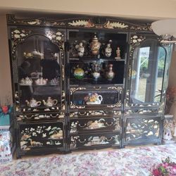Oriental Black Lacquer Jade Stone 3-piece China Cabinet