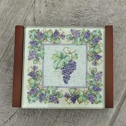 KATE BEETLE Glass Coasters Grapes Grape Vine with Wooden Holder Vintage Set of 4