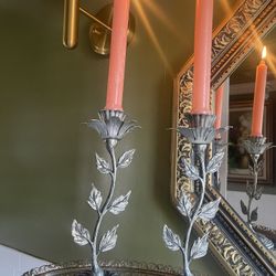 Vintage Pair of Silver Tone Botanical Leaf Flower Design Candle Holders,Home Decor