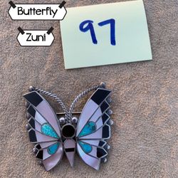 #97 Zuni Butterfly Broach Sterling Silver Turquoise Shell Jet