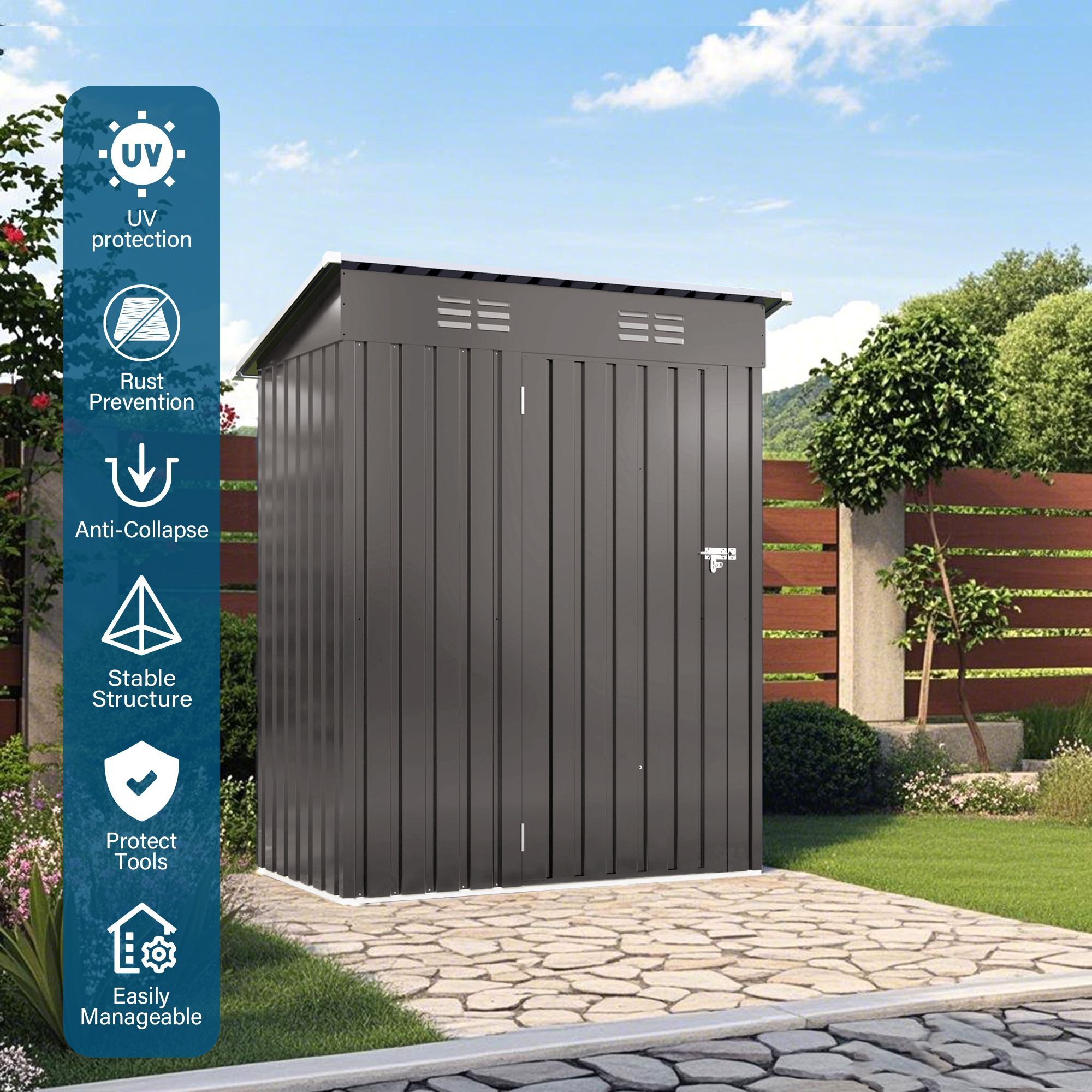 5X3 FT Metal Outdoor Storage Shed, Tool Shed with Pitched Roof and Lockable Door Compact Metal Tool Shed for Garden, Backyard, Patio, Everyday Sundrie