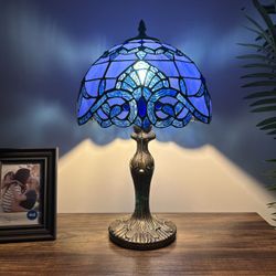 Tiffany Style Table Lamp Blue Stained Glass LED Bulb 19"H*12"W*12"D