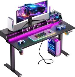  Gaming Standing Desk with LED Light, 55 Inch Electric Height Adjustable Table with Power Outlet & Monitor Stand, Sit Stand Computer Workstation for H
