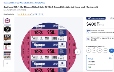 Southwire 250-ft 10 / 3 Romex SIMpull Solid CU NM-B Ground Wire Wire Individual pack