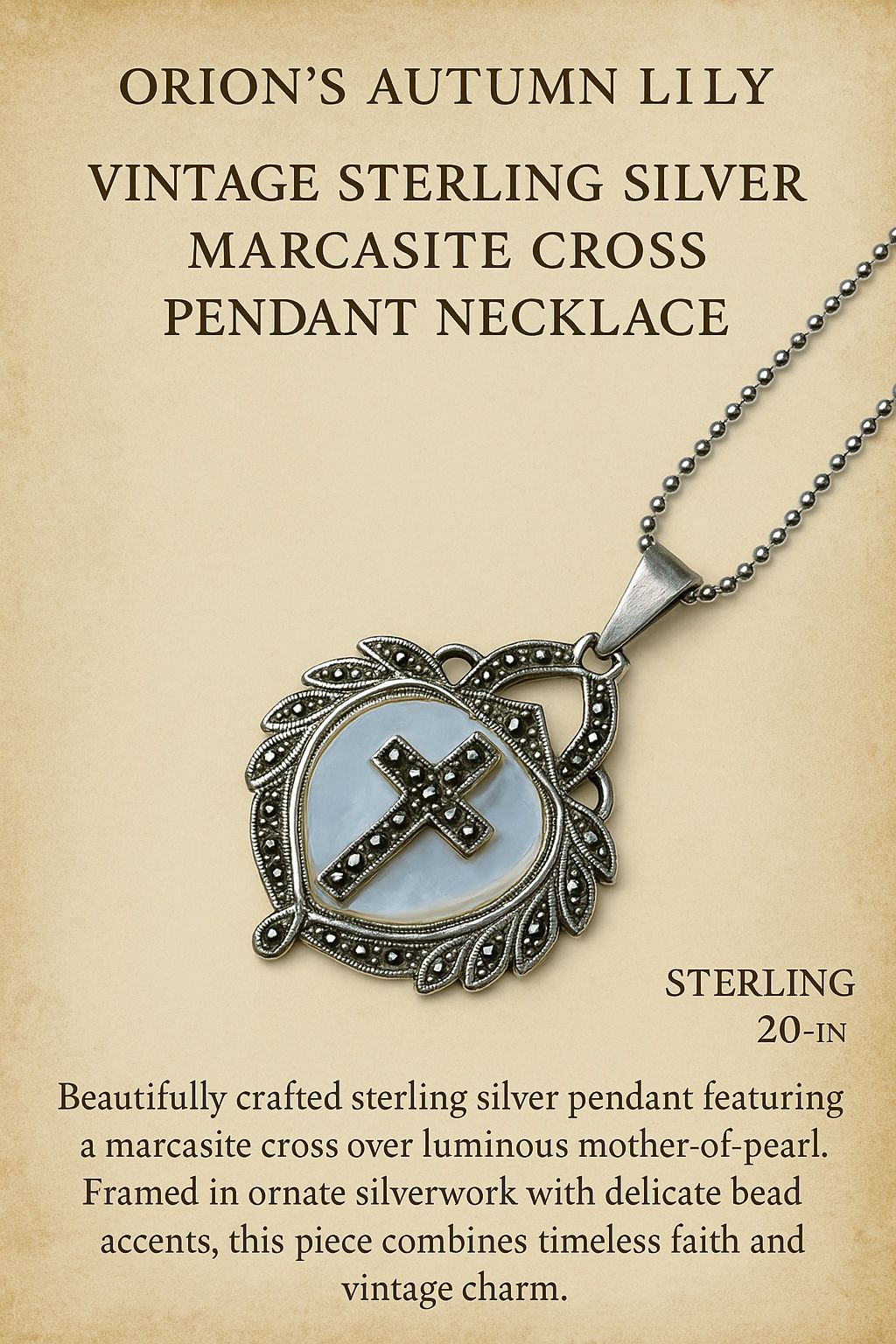 Sterling Silver Marcasite & Mother-of-Pearl Cross Pendant With New 20 Sterling Silver Necklace