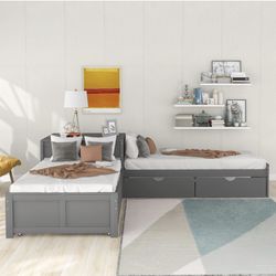 L-Shaped Twin Platform Bed Frame with Trundle and 2 Storage Drawers