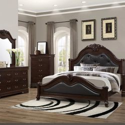 4PC SOLID WOOD BROWN BEDROOM SET W/ LEATHER UPHOLSTERY – $1350 (QUEEN/KING) 