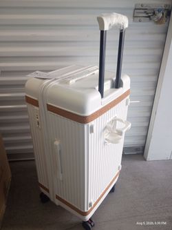 New White Checked Luggage with cup holder and USB Port