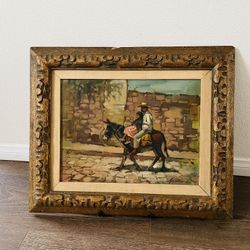 1960 oil on canvas paintings original Depicting Two People Riding Donkey 19/23”