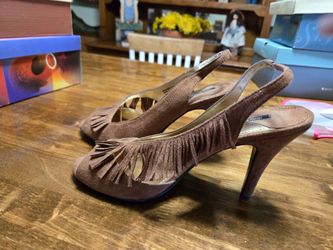 Brown Suede Fringe Slingback Heels