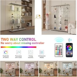 #120 Tempered Glass Display Cabinet with Bluetooth LED Light Strip, Lock Door, Castors for Easy Mobility, Ideal for Living Room,