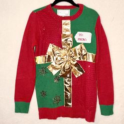Christmas Sweater W/Big Gold Bow Brand New Adult Size S
