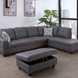 Gray Leather Sectional Couch And Ottoman