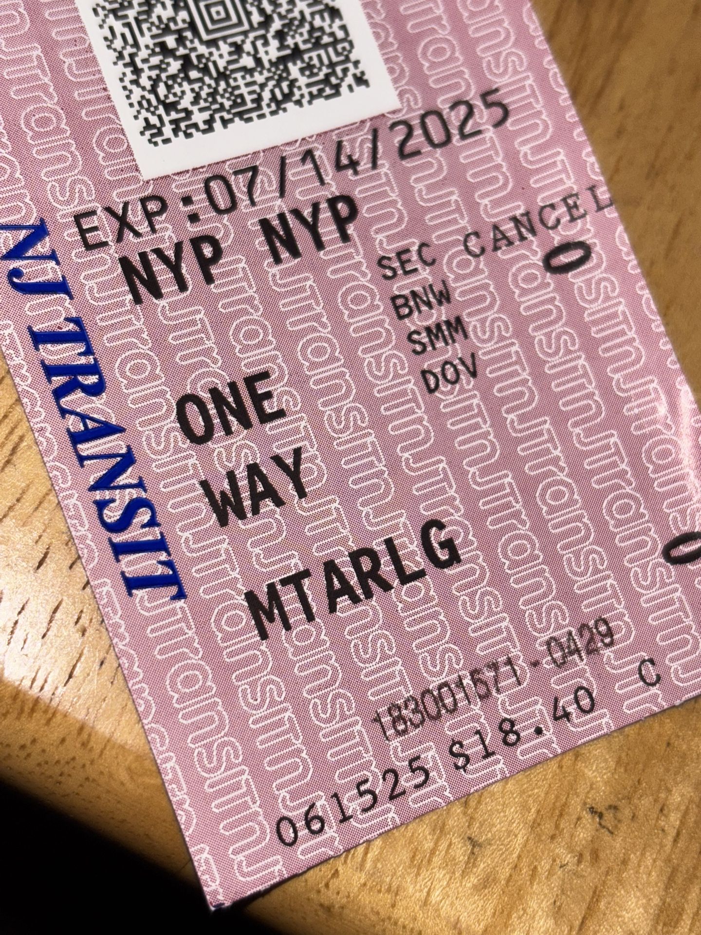 New Jersey Transit Ticket