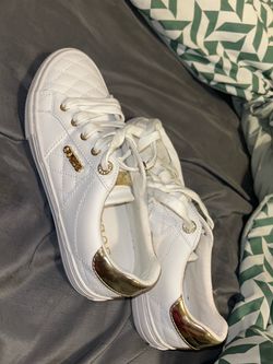 Guess White Quilted Sneakers with Gold Details
