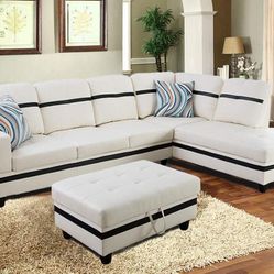 White Sectional Sofa Set W/Ottoman (Right Chase)