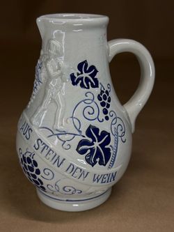 Vintage German Stoneware Wine Jug “Trinkt Wie Eure Väter” Cobalt Blue Relief