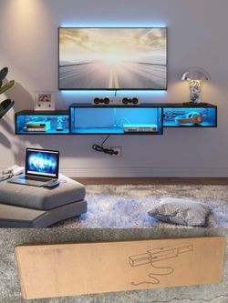 100% Brand New in box 71” Black Floating TV Stand with LED Light and Power Station