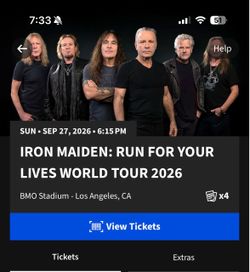 2 GA Floor Tickets for Iron Maiden Megadeth Anthrax for 9/27