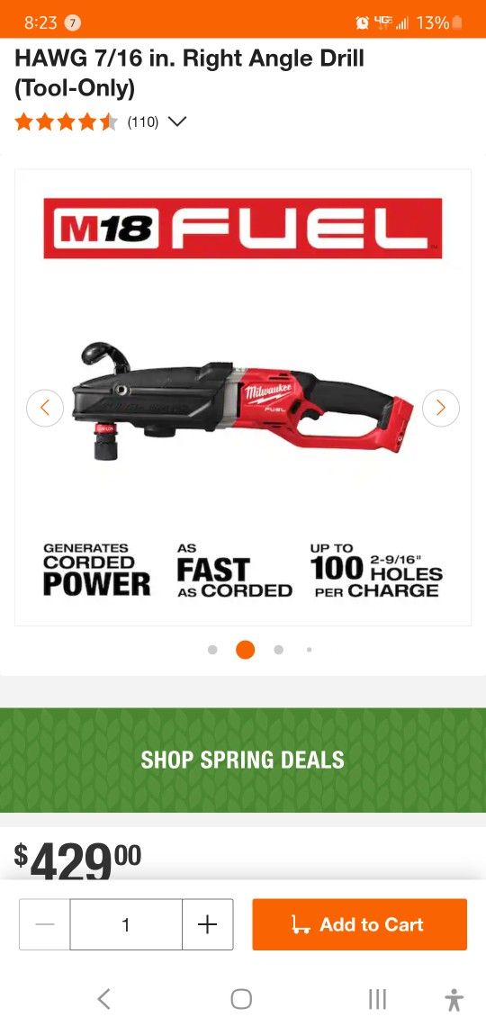 Milwaukee M18 FUEL 18V GEN 2 SUPER HAWG 7/16 in. Right Angle Drill (Tool-Only) 2811-20